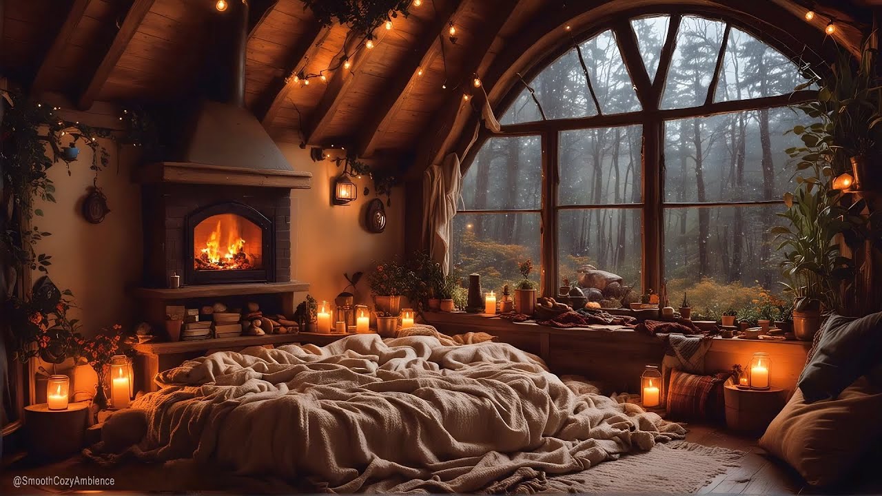 Warm and Cozy Cabin With Heavy Rain, Fireplace Sounds For Sleep 8 Hours ...