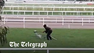 video: Watch: Protestor dumps '1,000 litres of oily sludge' onto Melbourne Cup course