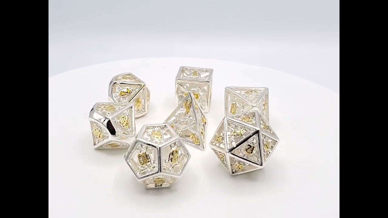 Old School 7 Piece DnD RPG Metal Dice Set: Hollow Sword & Shield Dice - Silver w/ Gold