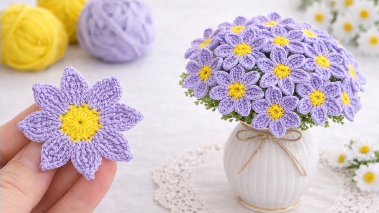 Super Easy Crochet Flower 💜 Perfect for Beginner ( 2 MİNUTES