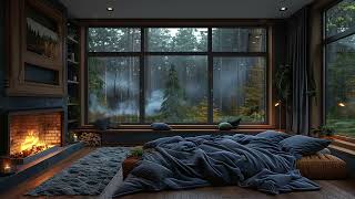 Sleep In Forest Bed Room : Overlooking Forest In Rain 🌧 Relaxing Fireplace Sound, Soft Rain