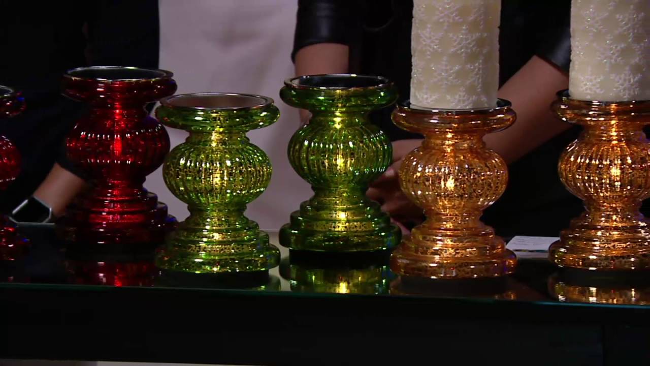 Set of 2 Lit Candle Holder Pedestals with Mirror Inserts by Valerie on