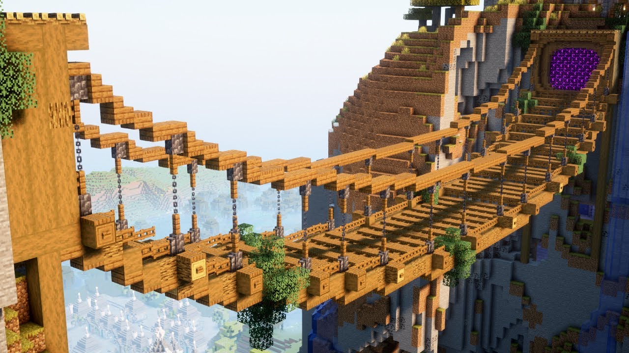 【Minecraft】崖と崖をつなぐ！吊り橋とネザーゲートの作り方【マインクラフト】【マイクラ建築】【作り方】【解説】【サバイバル建築】How to make a suspension bridge