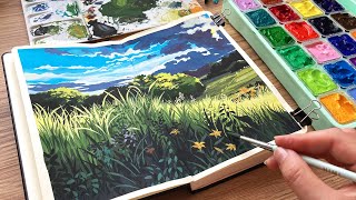 Studio Ghibli Landscape Painting/ Himi Jelly Gouache Unboxing / New Sketchbook ✨