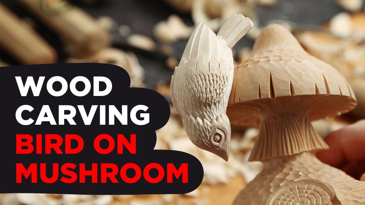 Wood Carving. Making a Wooden Mushroom with Bird 