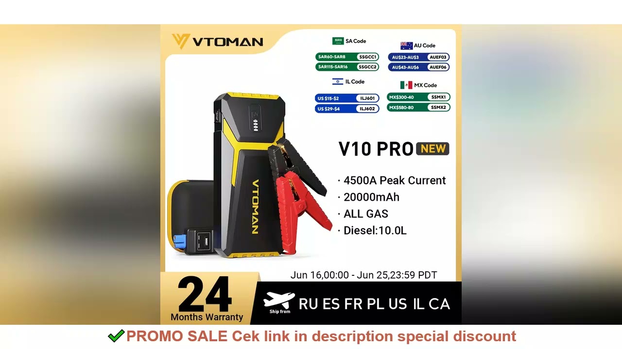 VTOMAN Power Bank 20000mAh Jump Starter Portable Charger Car Booster 4500A Auto Starting Device Emer