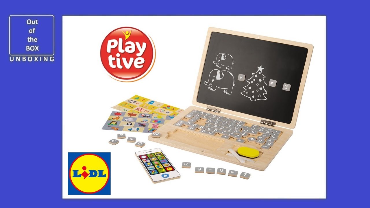 PlayTive Toy Laptop Junior Wooden educational toy UNBOXING (Lidl 85 items  78 magnetic) - YouTube