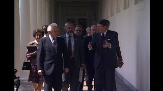 President Reagan and Foreign Minister Shevardnadze Walk on Colonnade on September 15, 1987