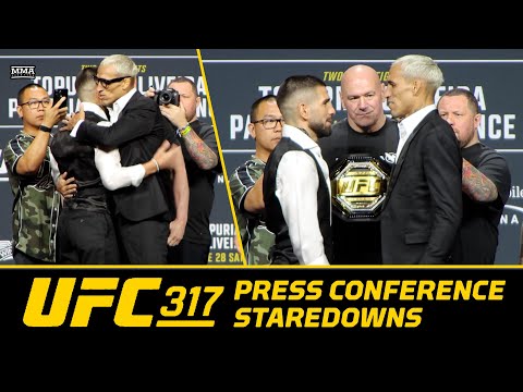 Ilia Topuria and Charles Oliveira Hug Before First UFC 317 Faceoff | MMA Fighting