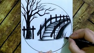 رسم بالفحم/رسم سهل/تعليم رسم منظر طبيعي خطوة بخطوة للمبتدئين تعلم رسم منظر طبيعيeasy scenery drawing