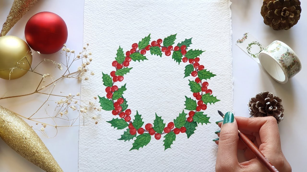 Holiday Wreath | How to Paint a Holly Christmas Wreath | Watercolor ...