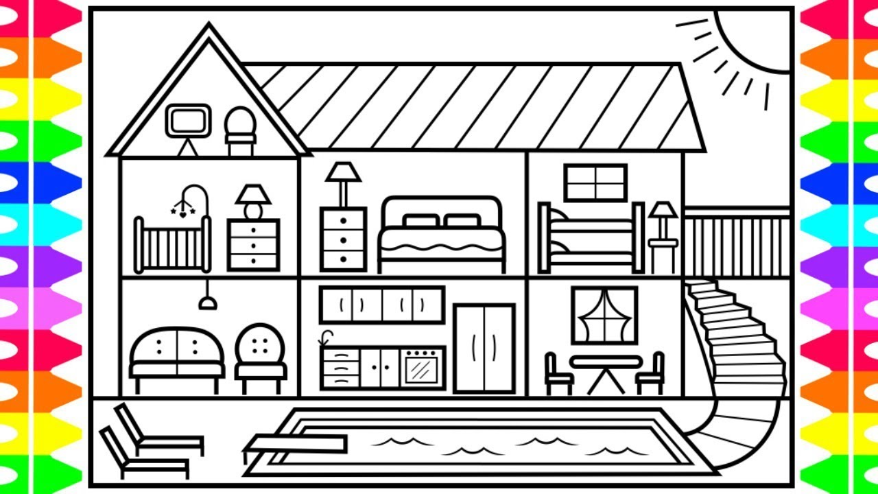 How To Draw A Big House With A Swimming Pool Big House With A Swimming Pool Coloring Page YouTube