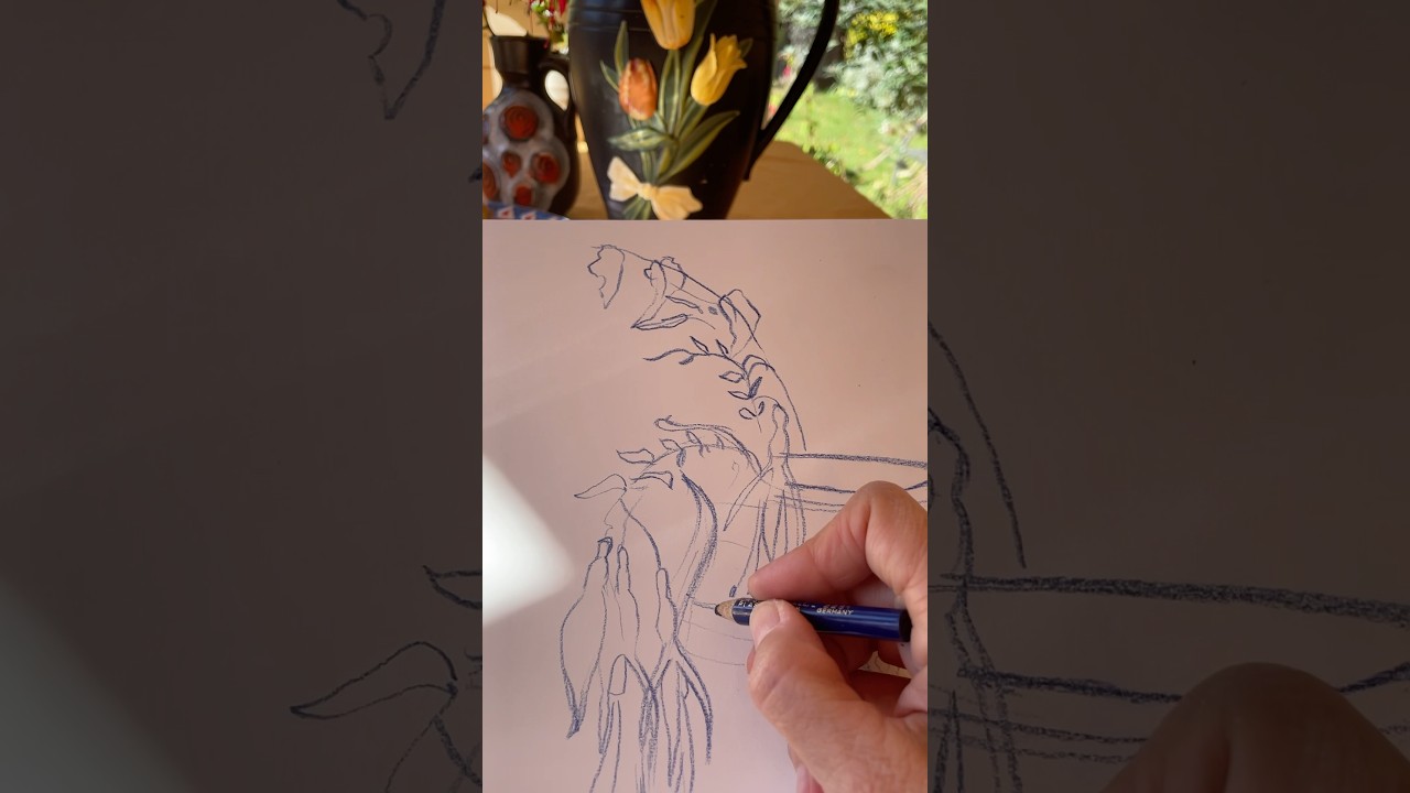 BLUE PENCIL DRAWING - capturing the gorgeous teardrop shapes of fuscias. Listen to the quiet!