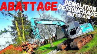 chantier d'abattage d'une haie. kobelco sk 180 woodcracker cs 350