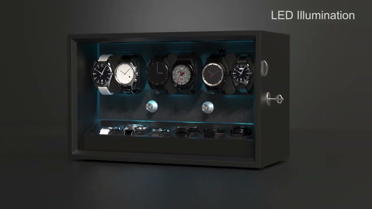 Remontoir Montre Automatique XTELARY 2 Emplacements + Vitrine 16 Compartiments - 4 Modes Rotation, Coussin Réglable, LED Bleue - Pour Collectionneurs - 11