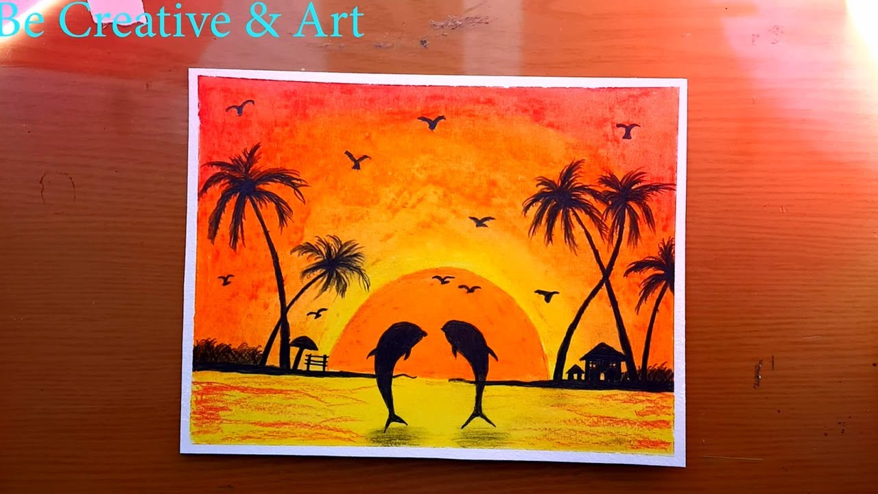 Disegno Del Paesaggio Di Dolphin Sunset Con Pastelli Ad Olio Disegni Pastelli A Olio Youtube