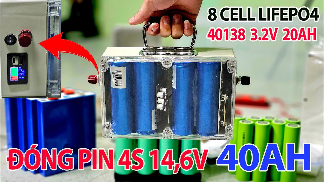 Đóng Pin Lifepo4 12v 40AH với 8 Cell 40138 cho bộ điện mặt trời mini, Test inverter sóng sine chuẩn