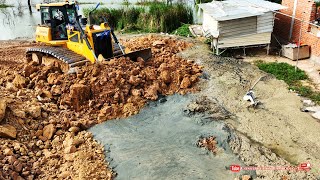 Part 2- Landfill Process By Skill Technique Shantui Dozer Push Soil Into Mud, TRAGO Truck, Excavator