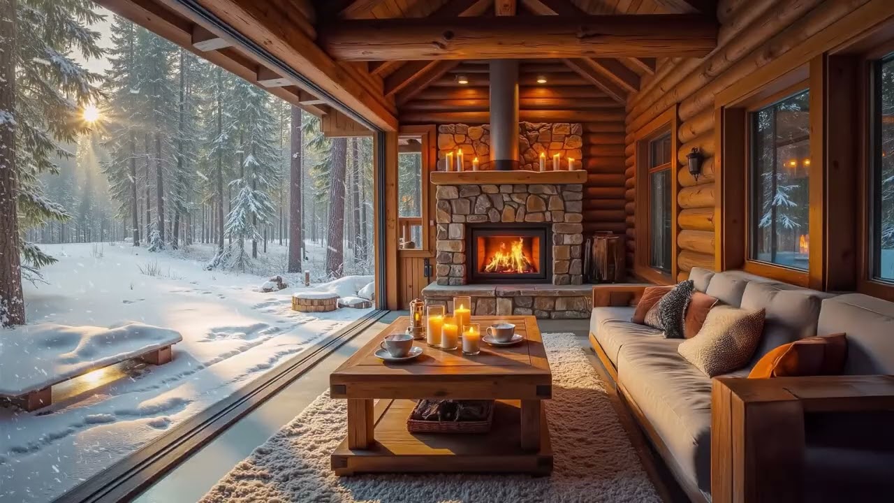 Winter Morning Scenery Cozy Porch with Fireplace Ambience to Relax