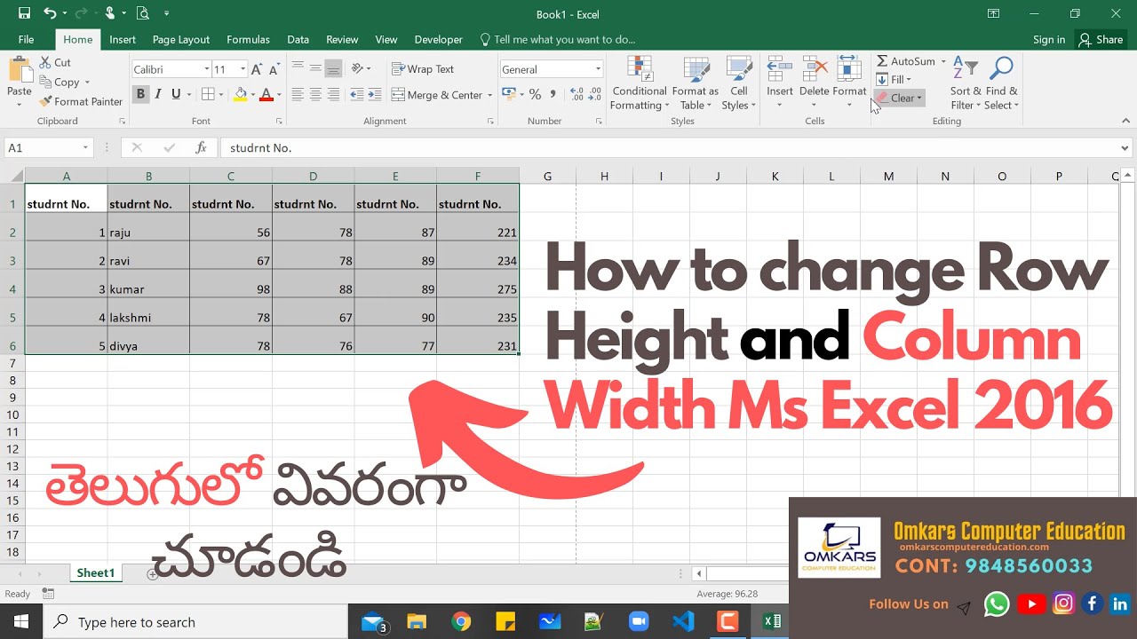 How to change Row Height and Column Width Ms Excel 2016 in Telugu ...