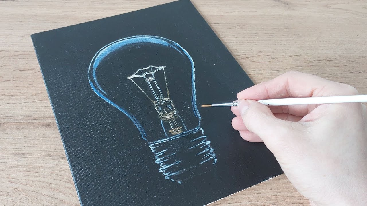 How to paint a Light Bulb / Acrylic Painting on Black Canvas / for