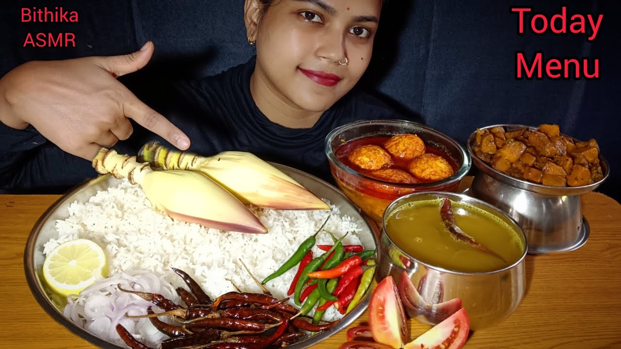 ASMR EATING DAL BHAT BANANA FLOWER VHORTA EGG CURRY KADU BHAJI | Eating Show Big Bites Indian Food's