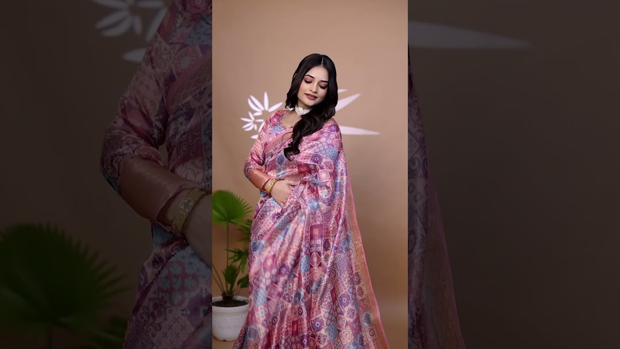 Soft Pink Zari Weaving Saree – Premium Crystal with Patchwork Print