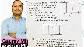 An electron falls through a distance of 1.5 cm in a uniform electric field of magnitude 2 × 104 N/C