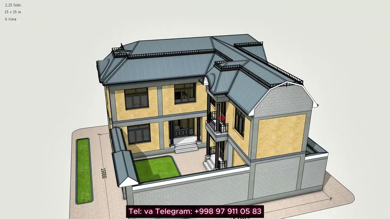 2 Sotix Yerga 15х15 metr 2 Qavatli  6 Xonali Uy Loihasi