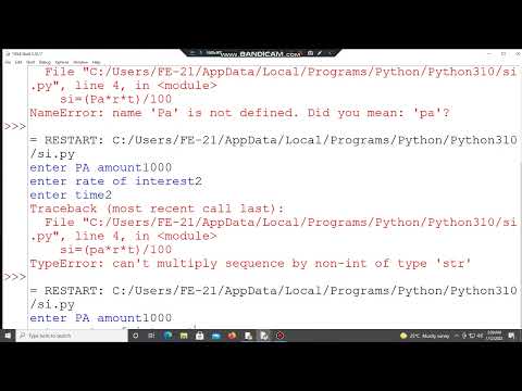 how to findout simple interest using python programming language, int to str error, define data type