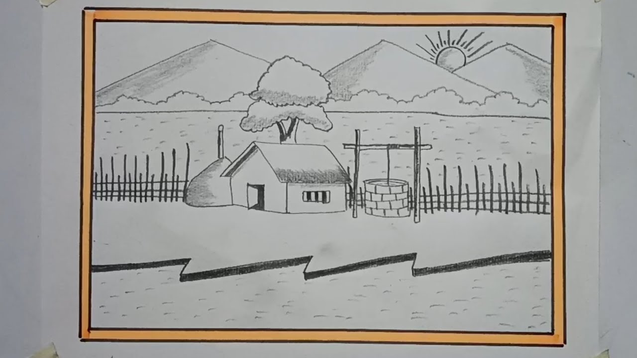 Village scenery drawing for kids with pencil || easy scenery for ...