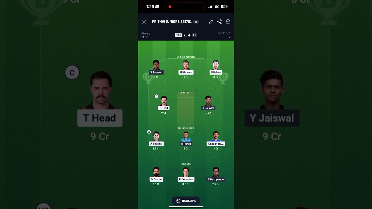 Hyd vs rr ipl match2025 dream11 team 