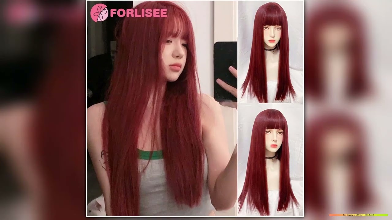 FORLISEE Synthetic Rose Wine Red Long Straight Hair With Bangs Wig Matte Hightemperature Silk Breat