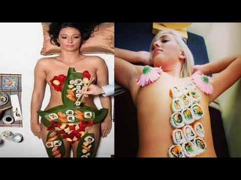 Food is served on girls body in Japanese hotel | Sushi serving on female body
