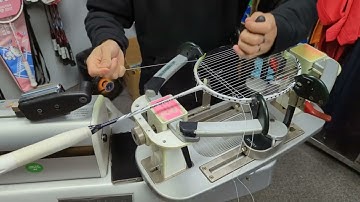 Badminton Stringing - no talking, 4 knots, Yonex Astrox 99 Pro, top-down view
