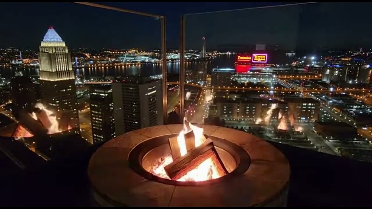 Beautiful Rooftop Patio 🌃🔥 City Skyline | Fireplace Glow & Gentle Winter Night (3 Hours)