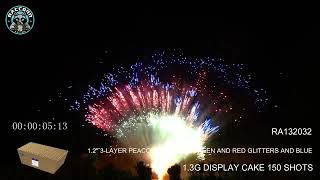 Raccoon Firework 1.3G DISPLAY CAKE 150 SHOTS RA132032 3LAYER PEACOCK: NEON GREEN, RED GLITTERS&BLUE