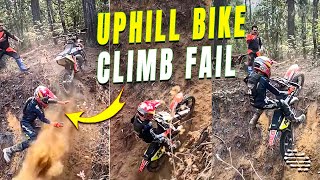 Dirt Biker Tries Going Uphill but Fails and Abandons the Bike Then Walks Down