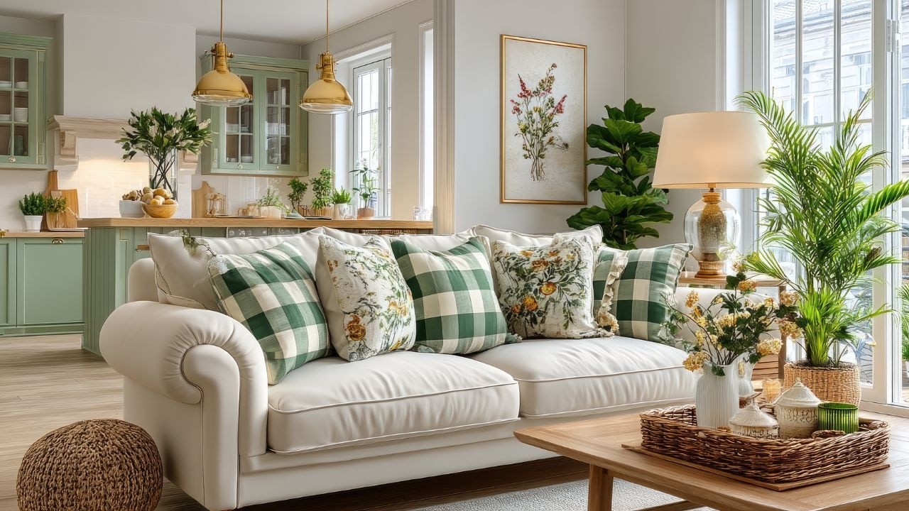 Потрясающий фермерский дом в зеленую клетку с цветочными элементами | Уютный винтажный стиль в ин...