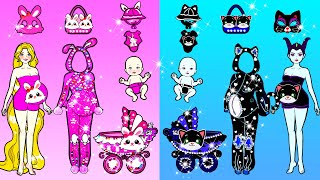 Pink And Black Baby Cat Mother And Daughter Dresses | Nursery Paper Doll | Woa Doll American Kids