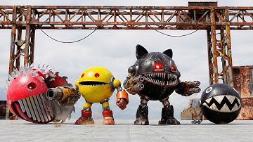 Pacman Escapes the Giant Robot Maze with Walking Robot Blade and Gladiator Robot