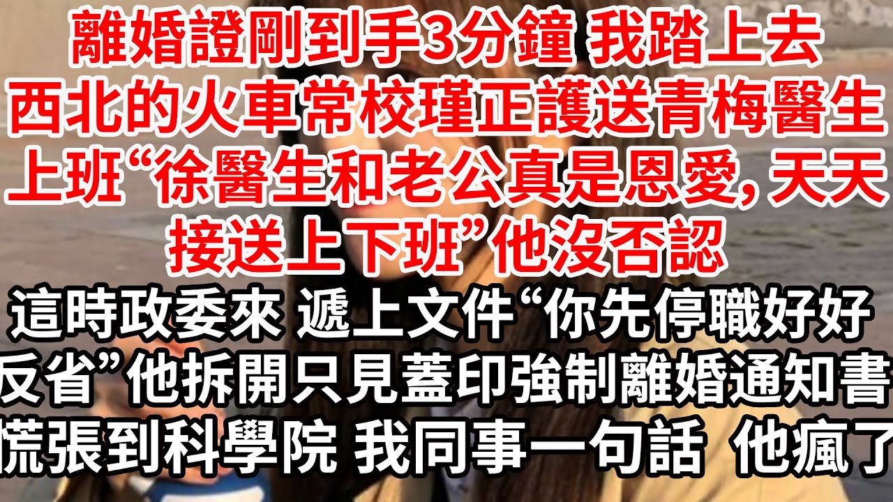 離婚證剛到手3分鐘 我踏上去西北的火車，常校瑾正護送青梅醫生上班“徐醫生和老公真是恩愛”他沒否認，這時政委來了 遞上份檔“你先停職好好反省”他拆開只見蓋印強制離婚報告 慌張到科學院