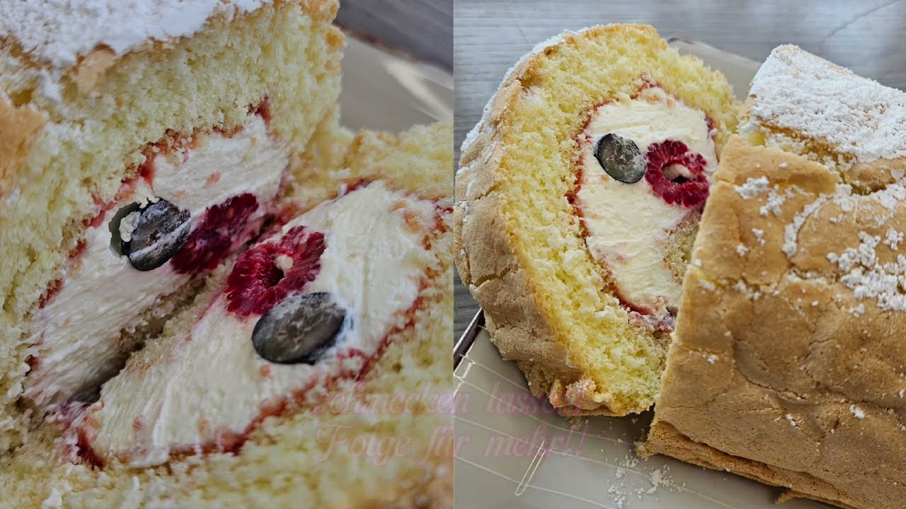 perfekte Biskuit-Sahne-Rolle gefüllt mit Beeren 