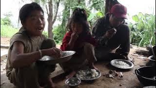 Enjoying meat and rice with family