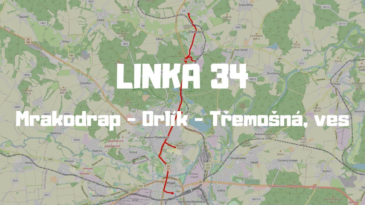 [Plzeň] Linka 34 | Mrakodrap - Orlík - Třemošná, ves | pohled zepředu | celá linka