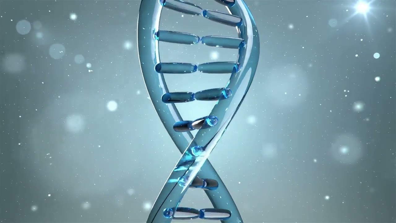 3D render of rotating blue glass DNA double helix on sterile medical background.