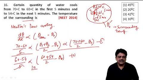 Certain quantity of water cools from 70∘C to 60∘C in the first 5 minutes and to 54∘C in the next