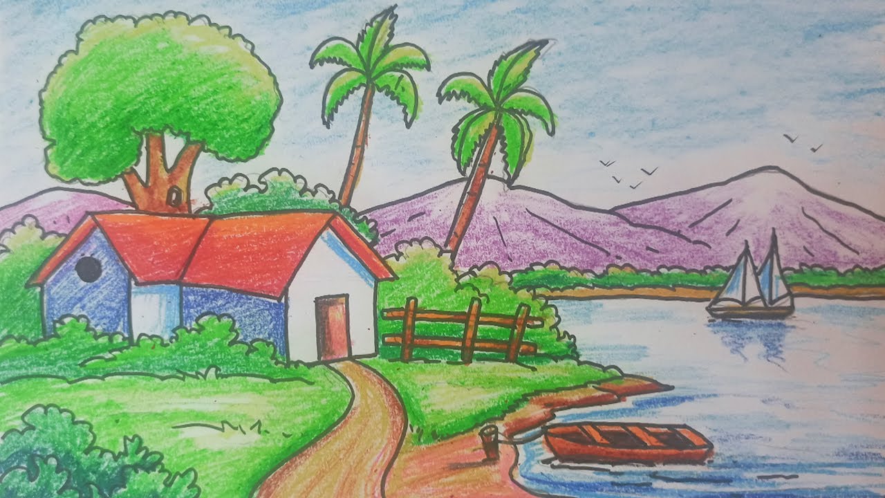 How to draw village scenery easy step by step drawing for beginner ...