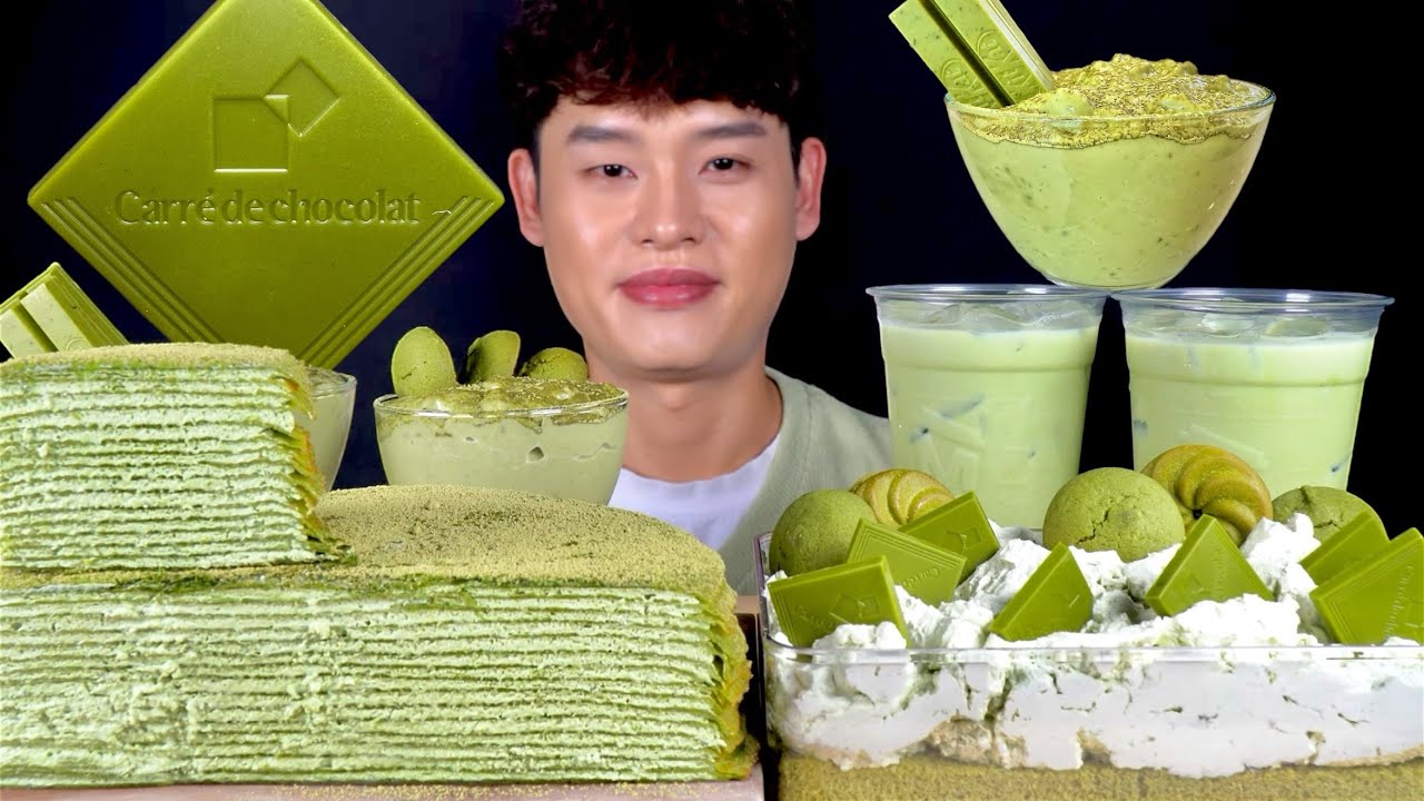 ASMR 말차디저트 말차크레이프 직접만든 말차티라미수 말차푸딩 말차초콜릿 먹방! Green Tea Dessert Chocolate Pudding Crepe Cake MuKBang!