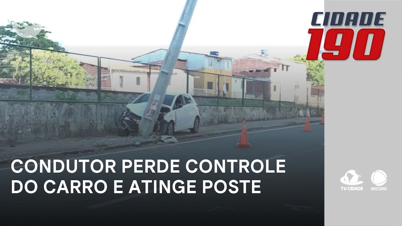 Condutor perde controle do carro, sobe calçada e atinge poste | Cidade 190